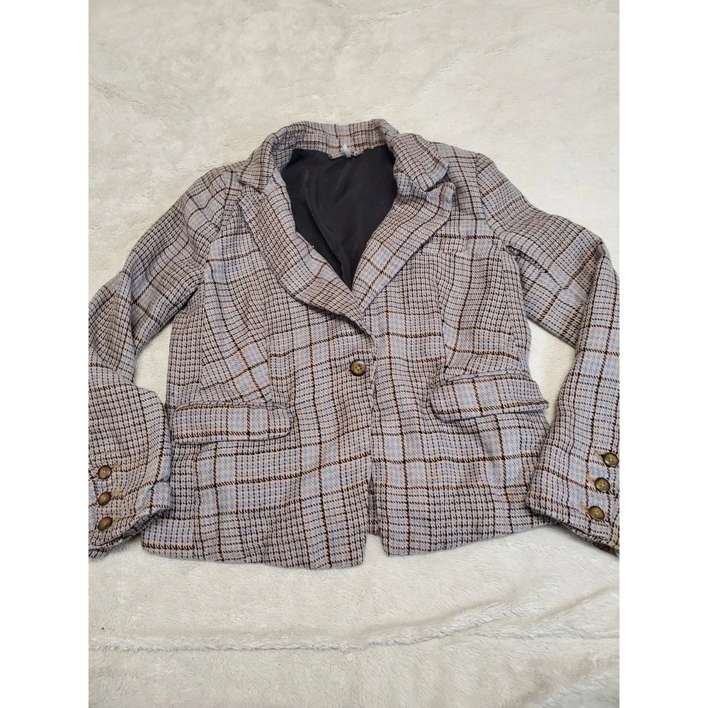 Free People Blue Gray Plaid Classic Cropped Jacket Blazer Medium Office Academia